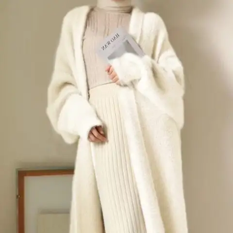 white Long Cardigan for women 2025 new winter clothes Knitted fluffy long sleeve Cashmere sweater coat korean style warm vintage