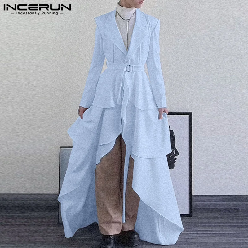 Men's Long Style Blazer Ruffle Solid Personality Lapel Long Sleeve Male Suit Streetwear Elegant Fashion Blazer For Man INCERUN