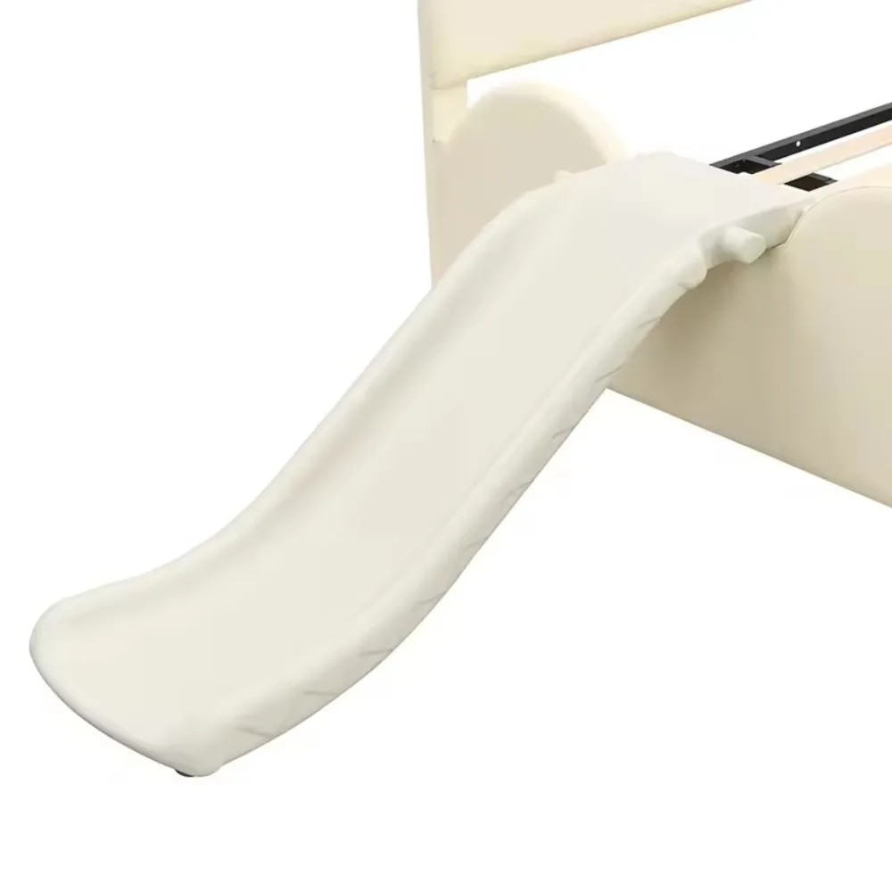 Children's soft mattress with slide and steps - bear ear headboard, safety guardrail, soft PU, children's bedroom child bed