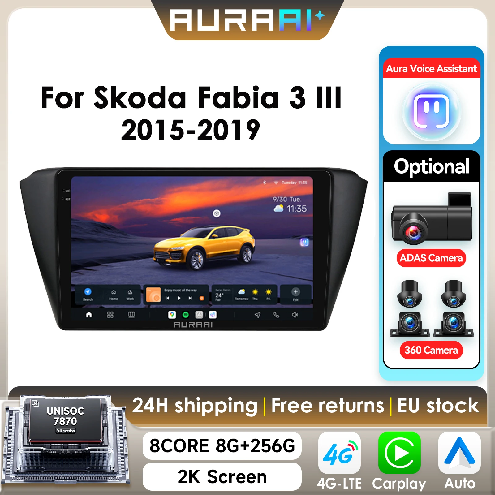 8G+256G AURAAI 2K Bildschirm-Radio für Skoda Fabia 3 III 2015 2016 2017 2018 2019 CarPlay Android Auto 4G WIFI GPS DSD ADAS Dual-Mikrofon