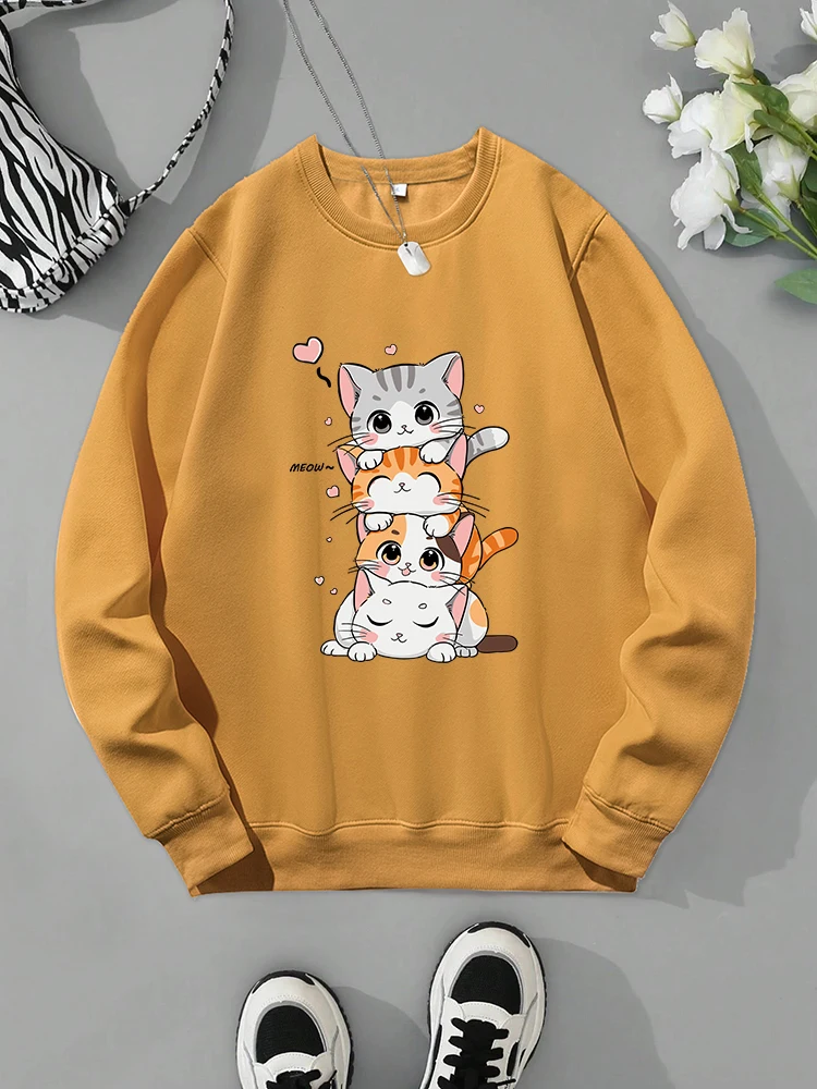 Cats Lying Together Funny Print Sweatshirt Women Comfortable O-Neck Tracksuit Autumn Fleece Warm Sportswear Fashion Casual Tops