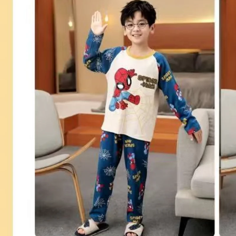 Anime Marvel Spiderman Dziecięce Wiosenne i Jesienne Nowe Śliczne Kreatywne Wzory z Kreskówek Piżama z Długim Rękawem i Spodniami Zestaw Domowy