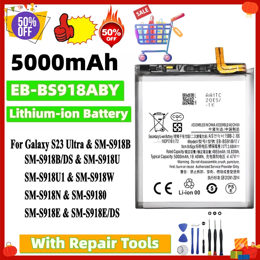 EB-BS918ABY 5000mAh New Replacement Battery for Samsung S23 UltraSM-5918B/DS SM-918U SM-S918U1 SM-S918W SM-S918N with Tools