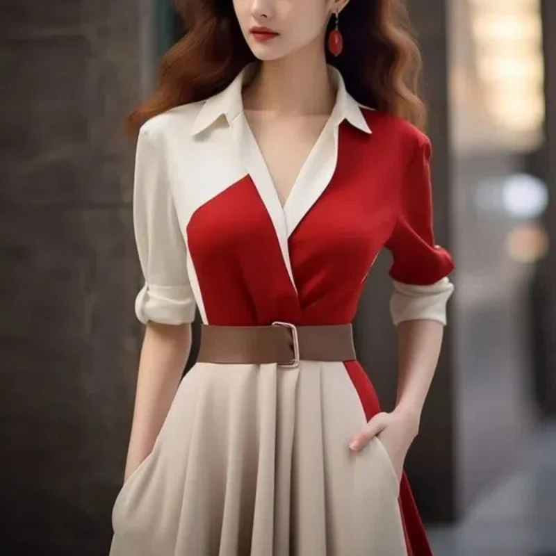 

Spring Autumn New Fashion V-neck Long Sleeve Patchwork Contrast Color Women's Clothing Lacing Korean High-end Simplicity Dresses