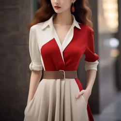 Spring Autumn New Fashion V-neck Long Sleeve Patchwork Contrast Color Women's Clothing Lacing Korean High-end Simplicity Dresses