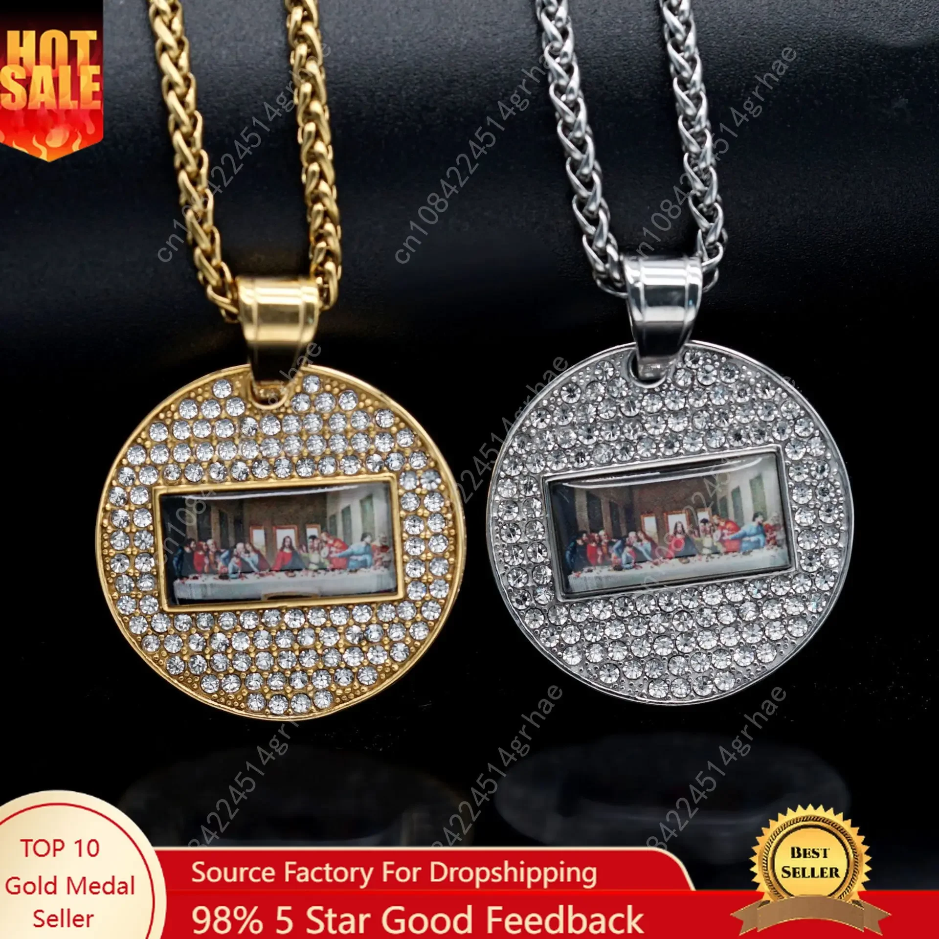 

Christian Gold silver Color round The Last Supper Pendant Necklace 316L stainless steel with rhinestone Ladies Jewelry