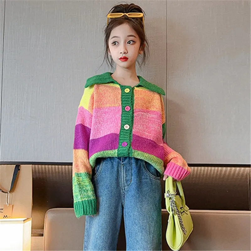 Casual cotton School Girl Rainbow Knit Cardigan Sweater Kids Single-Breasted Patchwork Long Sleeve Sweater Fashion Teen Clothes