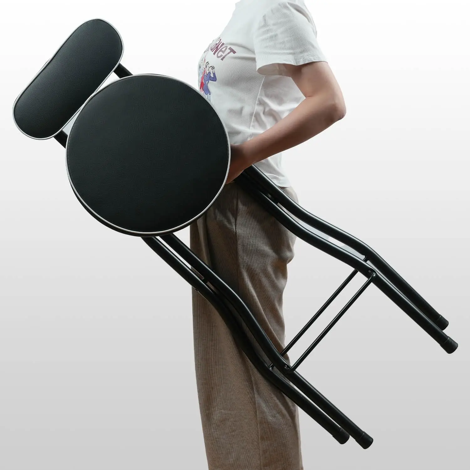 Foldable Bar Stool with Back, Tall Padded Seat, Portable Counter Height Stool for Kitchen Island - Black