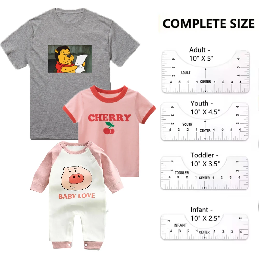 4Pcs/set T-Shirt Ruler Guide for Heat Transfer Vinyl & Sublimation, DIY T-Shirt Measurement Template, Drafting Tools for HTV, DT