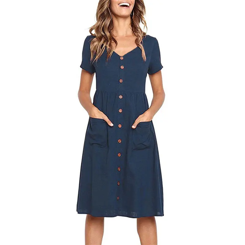 Summer Short Sleeve V Neck Button Down Swing Midi Dress Women 2021 Casual Style Solid Tunic With Pocket Beach Dresses