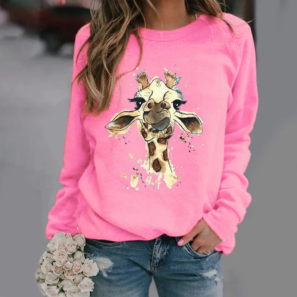 Giraffe Print Long Sleeve Round Neck Hoodie Woman Sweatshirts Sweatshirt Streetwear Women Aesthetic