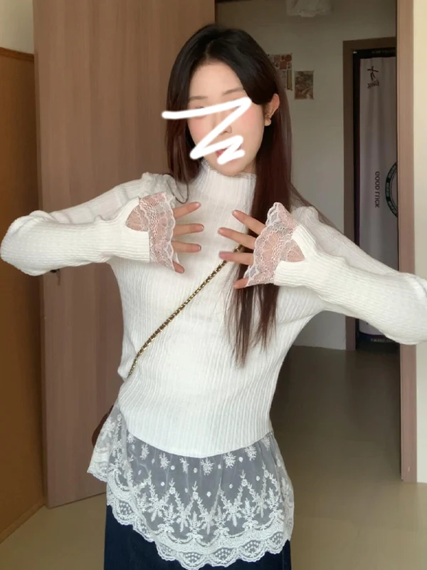 

Women's Lace Knitted Sweater f High Collar Inner Wear Base irt Autumn Winter New Sle High End Feeling Can Be Worn outside