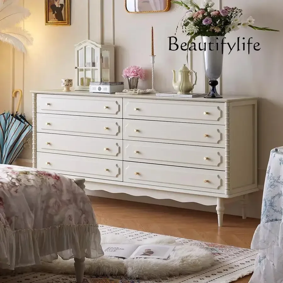 I HX French Retro Cream White Solid Wood Eight-bucket Cabinet American Small Apartment Locker Medieval TV Cabinet S
