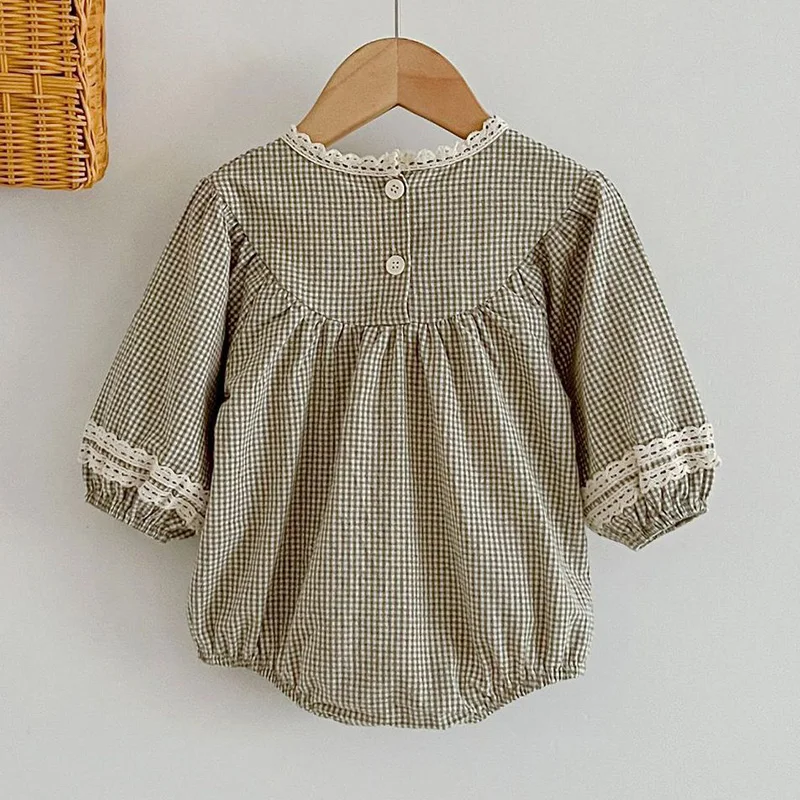 Newborn Kids Baby Girls Long Sleeve Sweet Embroider Grid Princess Rompers Autumn Infant Baby Girls Rompers Clothes