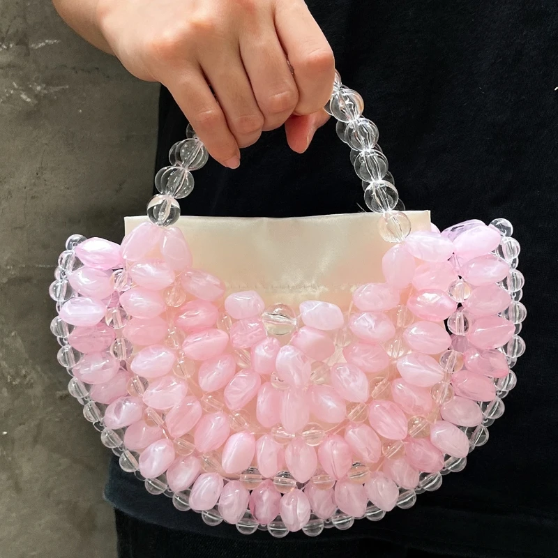 Handmade Transparent Crystal Beaded Evening Bag Half Moon Shaped Summer Party Wedding Clutches Bag Colorful Oval Beads Handmade