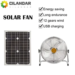 New 2026 Household Solar Fan 12-Speed Large Wind Portable Outdoor Camping Fan with USB Mobile Phone Fishing Light Charging