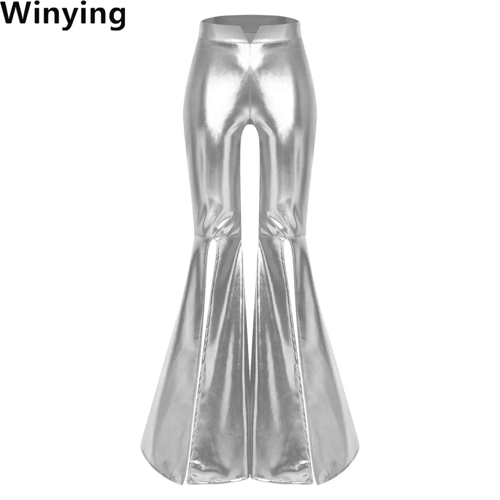 

Women Jazz Dance Flared Pants 70s Disco Performance Metallic Clothes High Waist Split Bell Bottoms Long Pants Dancing Trousers