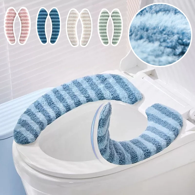 

Universal Toilet Seat Cushion Cover Stripes Washable Soft Plush Winter Warm Reusable Bathroom Mat Thickened Comfort Design
