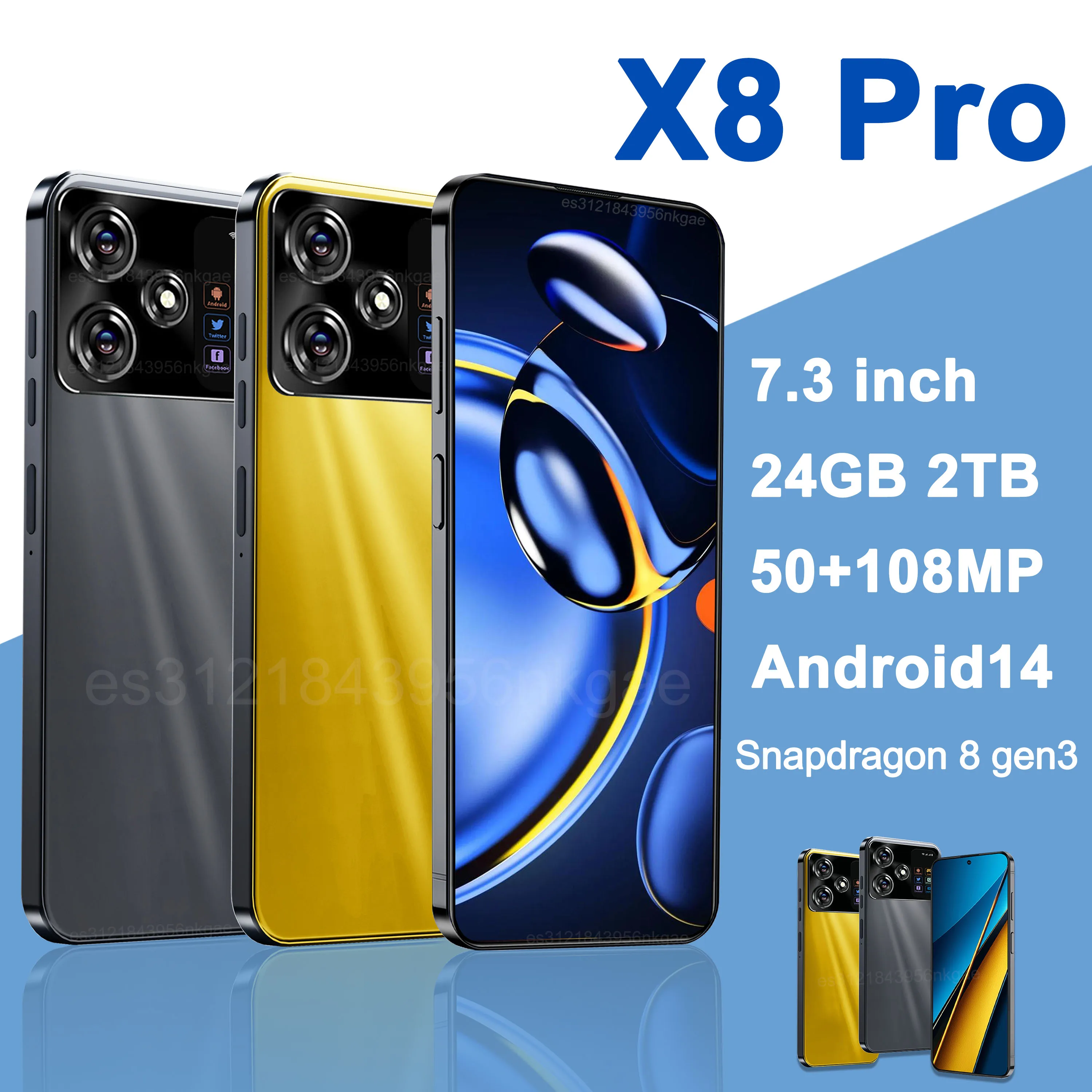 Original X8 Pro Smartphone 7.3inch Global Version 16G+1TB Snapdragon 8 gen3 Android14 50+108MP 4G/5G Cellphone Mobile Phone NFC