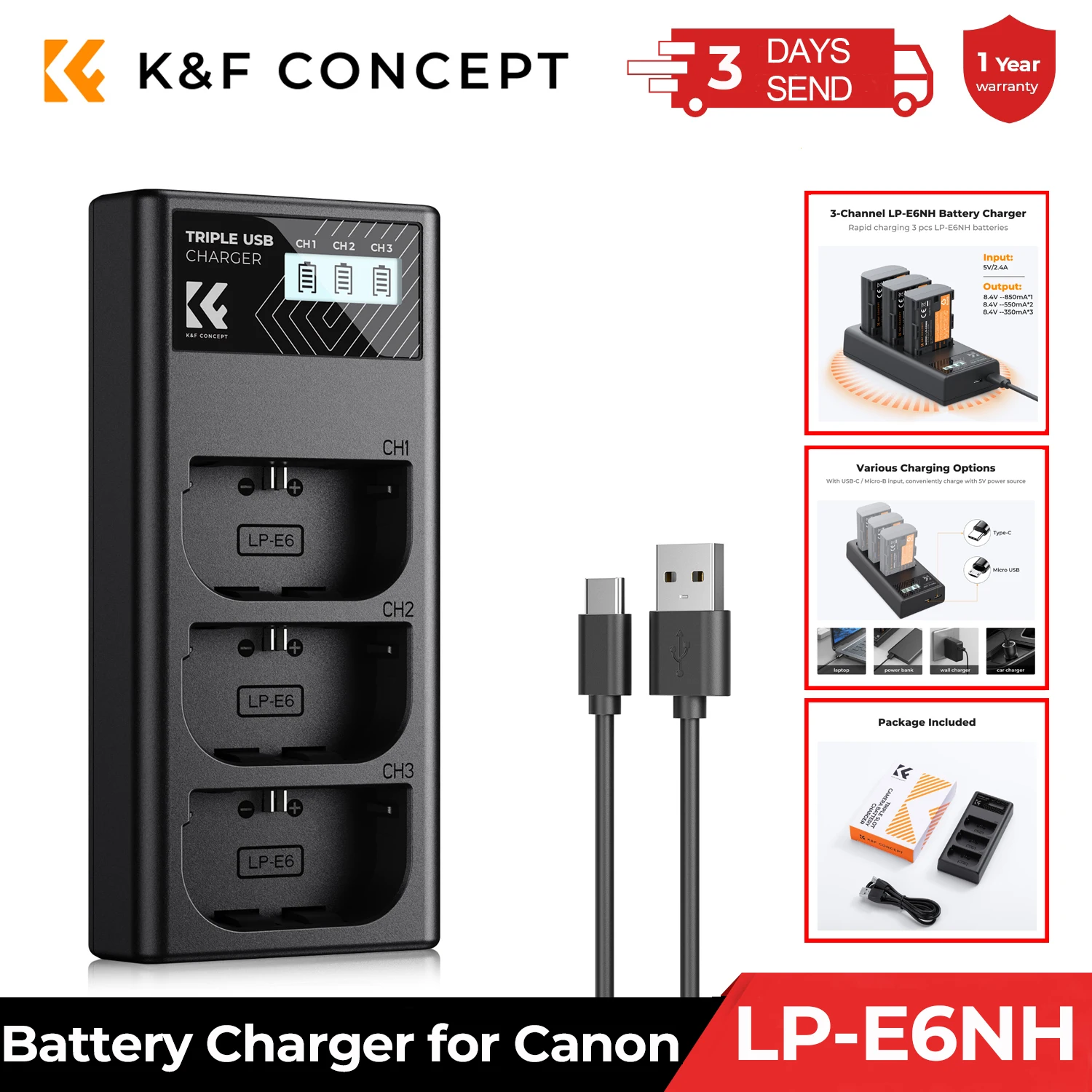 

K&F Concept LP-E6NH Charger 3-Slot R7 Battery Charger with LCD Display for Canon EOS R5 R6 R7 5D 6D 7D Mark II Cameras Charger