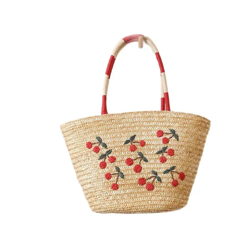 2026 niche embroidered cherry shoulder straw bag, new fashionable large-capacity wheat straw woven bag