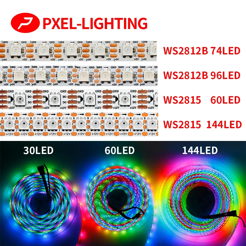 WS2812B WS2815 indirizzabile 5050 RGB LED Strip 30/60/74/96/144 pixel/m WS2812 IC full Color Light Tape Neon programmabile