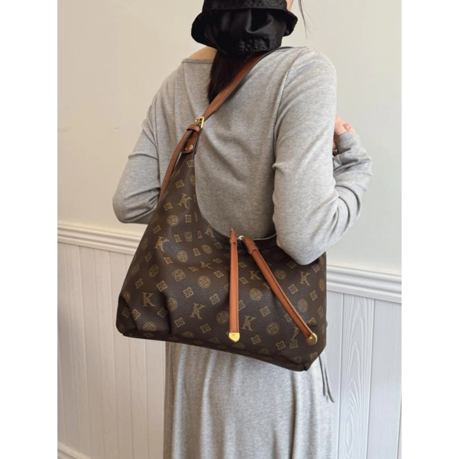 Bolsa de Ombro Floral Retro de Luxo CITEX LV para Mulheres, Grande Capacidade, Tote para o Dia a Dia, Estilo Britânico, Couro...