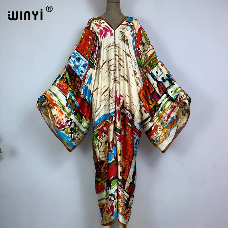 WINYI new V-neck Africa Fashion Women Sexy Boho Casual silk Floral Vintage printing Evening Party Beach cover up Long Maxi Dress