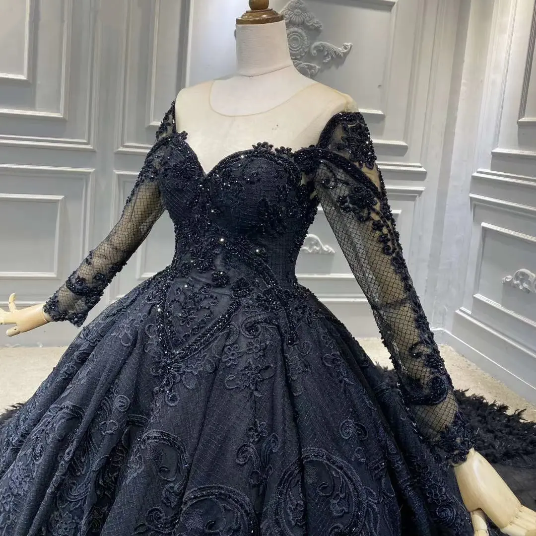 custom 15374# Exquisite Dark Blue Lace Beading Sequins Applique feather Bridal Gown Illusion Wedding Dress Sweep Train