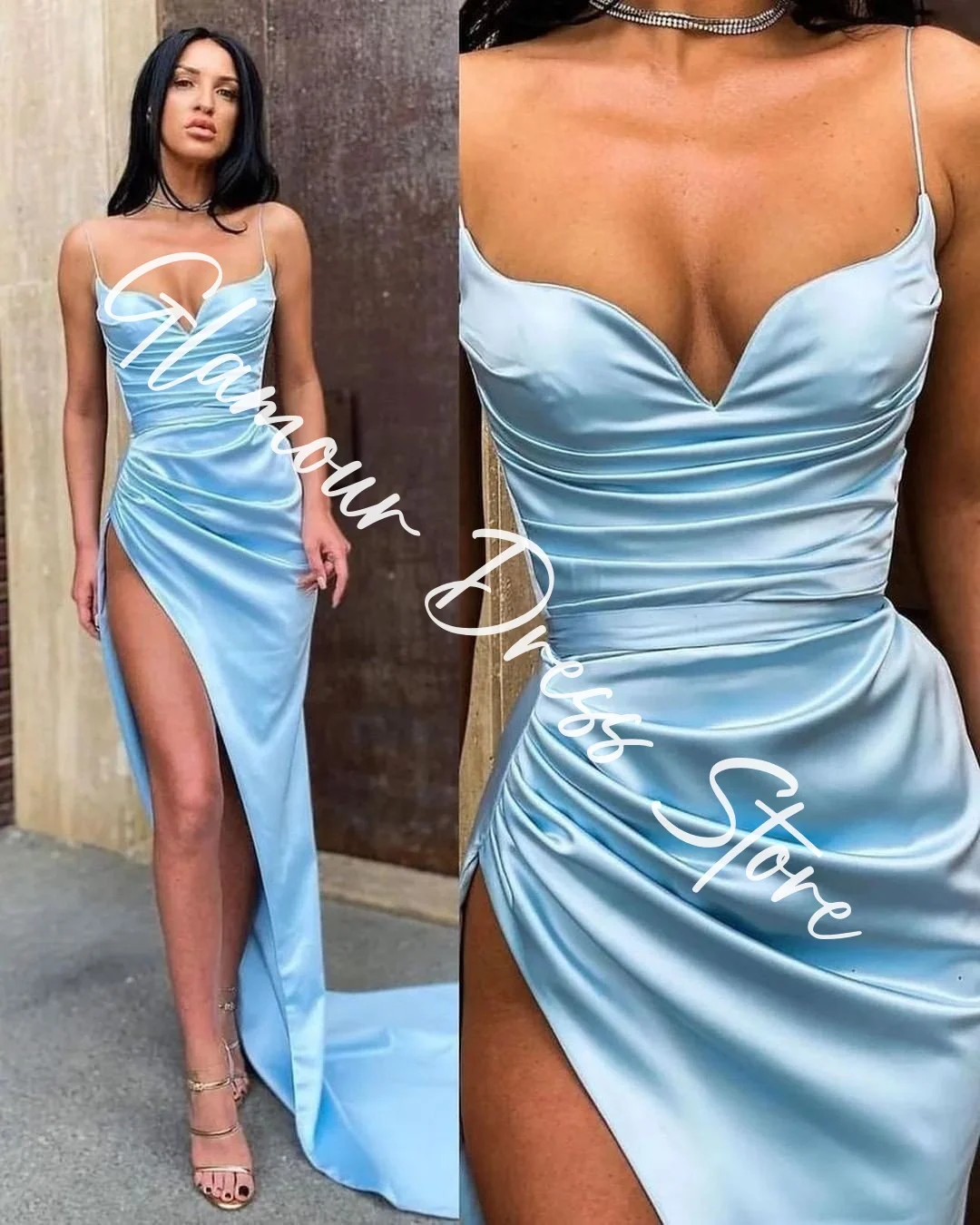Customized Exquisite Satin Straight Spaghetti Straps Evening Dresses Panel Train Strapless Sleeveless Homecoming Dress