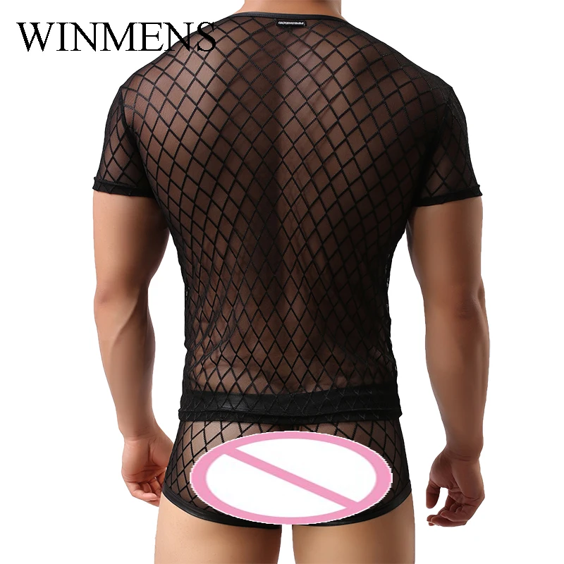 Adult Men\'s Undershirts Diamond Mesh Breathable Black See Inner O-neck Short Sleeves Sheer Fishnet Fitness Dance Performance