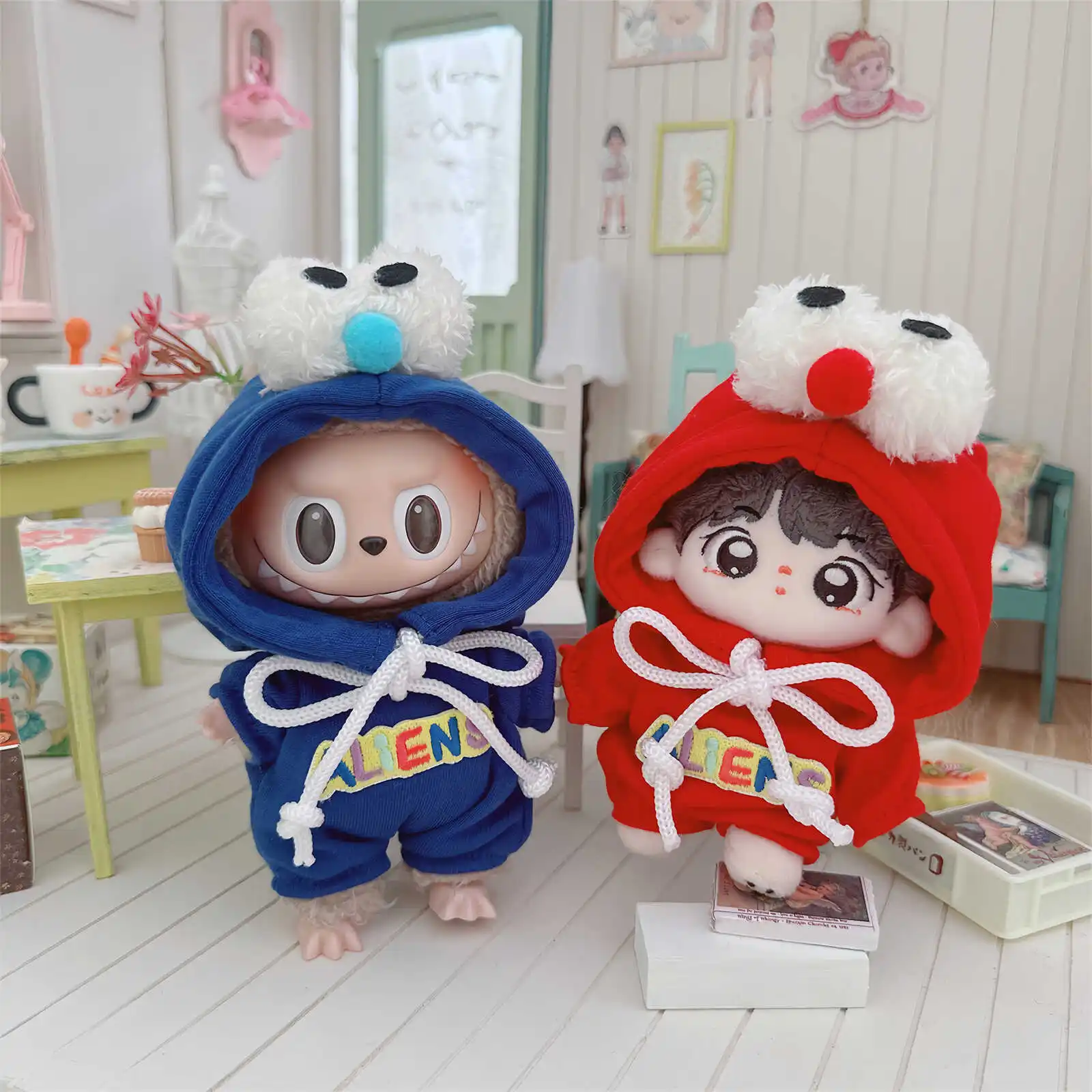 

10cm Cute Idol Doll Clothes for Red Blue Big Eyes Hoodie Set Kawaii Plush Doll Clothes DIY Changing Clothes Games Kids Girl Gift