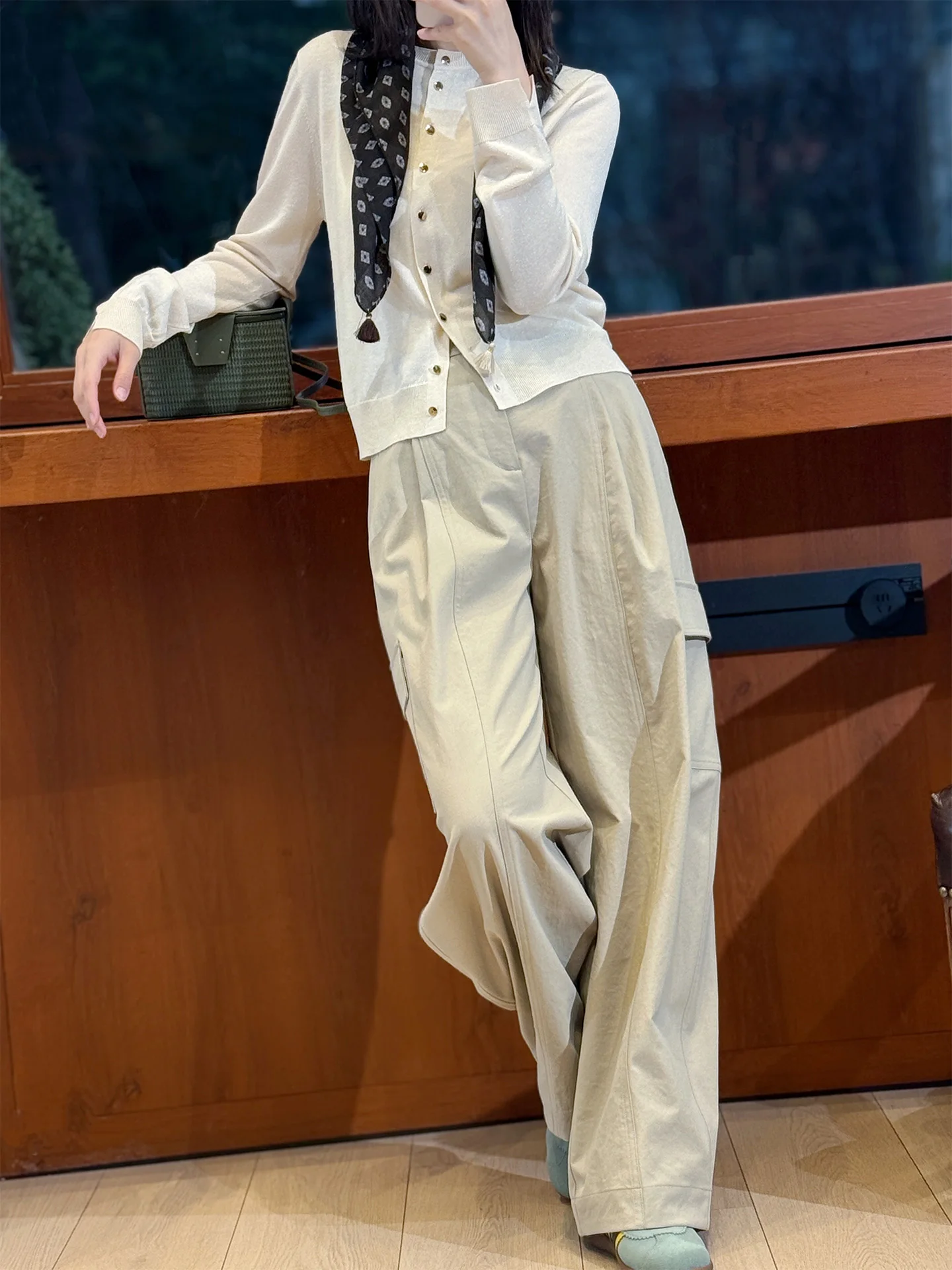 

Petite Noname Loose Fit Khaki Workwear Balloon Pants Casual Slimming Trousers High Waist Cotton Blend Straight Leg Pants
