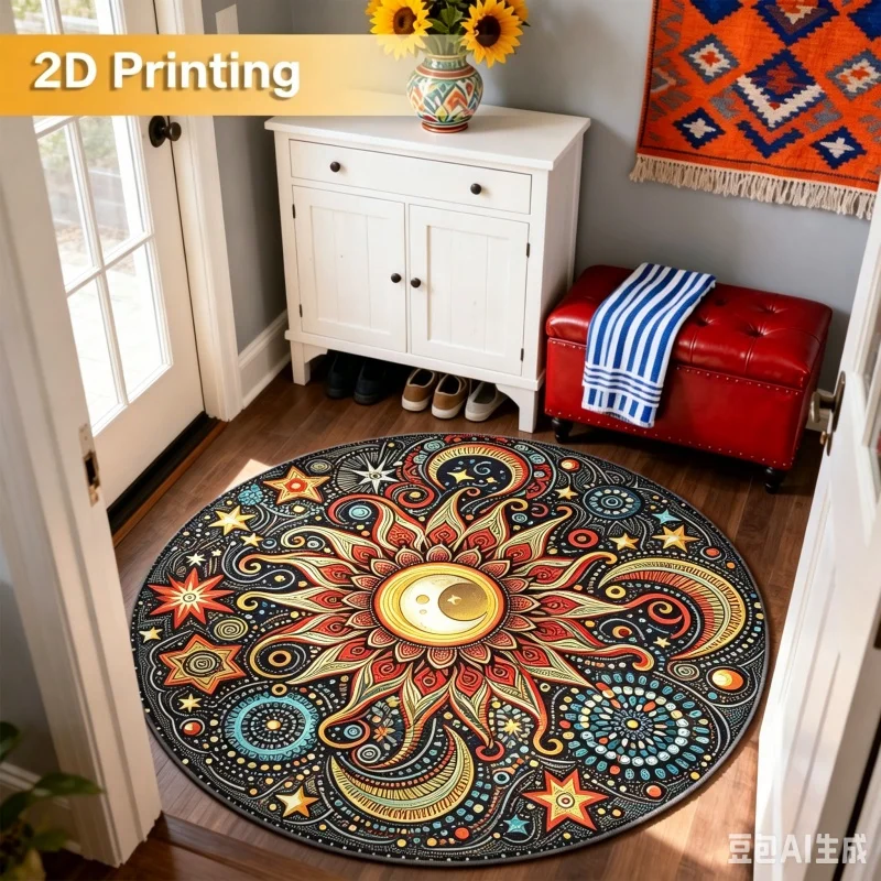 Newest 2D Round Carpet Bohemian Sun Moon Star Mandala Round Rug Non Slip Celestial Space Living Room Carpet