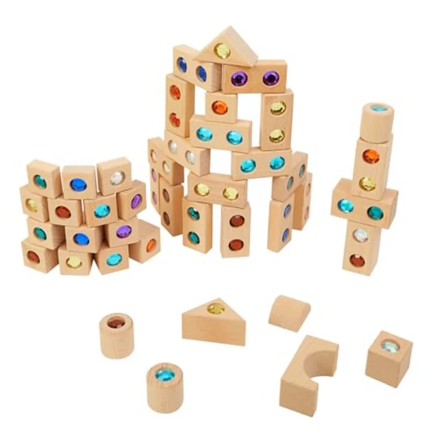 

Wooden Gem Blocks - Set of 50 with Tray for educational play natural wood material warm brown color smooth finish and eco-frien
