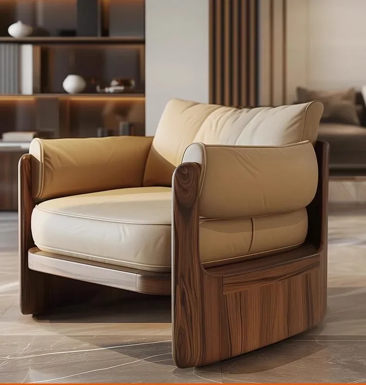 

Black walnut leather sofa casual solid wood sofa living room lazy chair