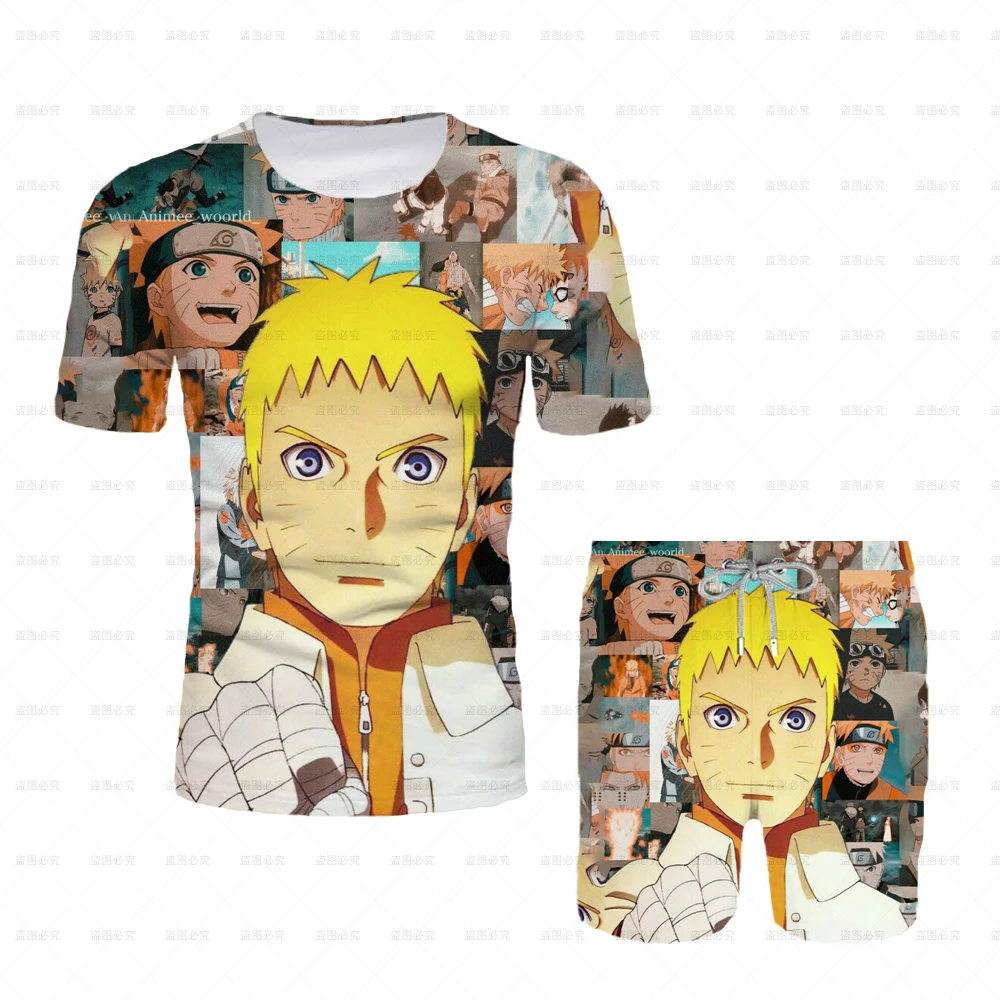 جديد 2025 اليابانية الكرتون ناروتو تي شيرت الكبار الرجال تي شيرت كامل السراويل قطعتين مجموعة الصيف الصبي الكرتون قميص جذاب + بناطيل الشواطئ