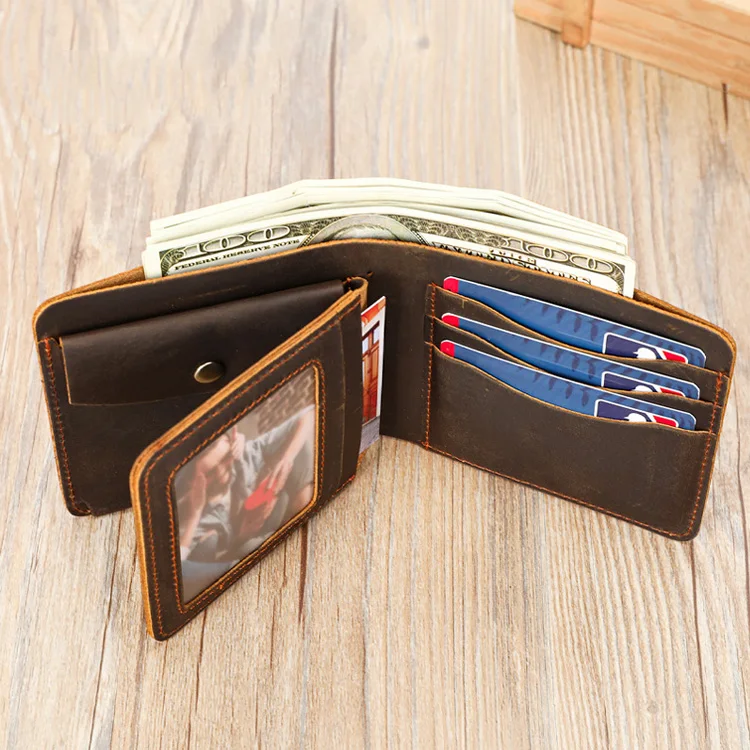 Luxury Crazy Horse Leather Wallet for Men Heavy Duty Genuine Cowhide Short Purse with Coin Zipper Bag Multi Card Slots Gifts