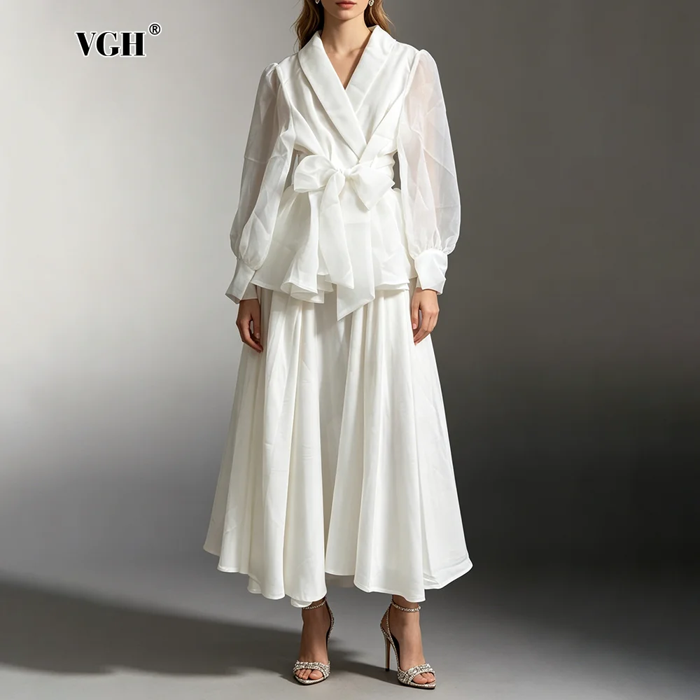 

VGH Chic Bridesmaids White Sheer Sleeve Flowy Design Maxi Dress for Women V Neck Belted Waist Flared Skirt for Office Commute