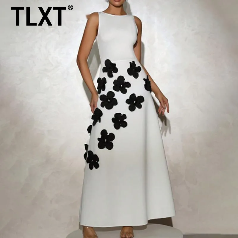 

TLXT Fashion Women's Slimming Spliced 3D Flower Temperament Dresses Round Neck Sleeveless High Wasit Dress Female Clothing New