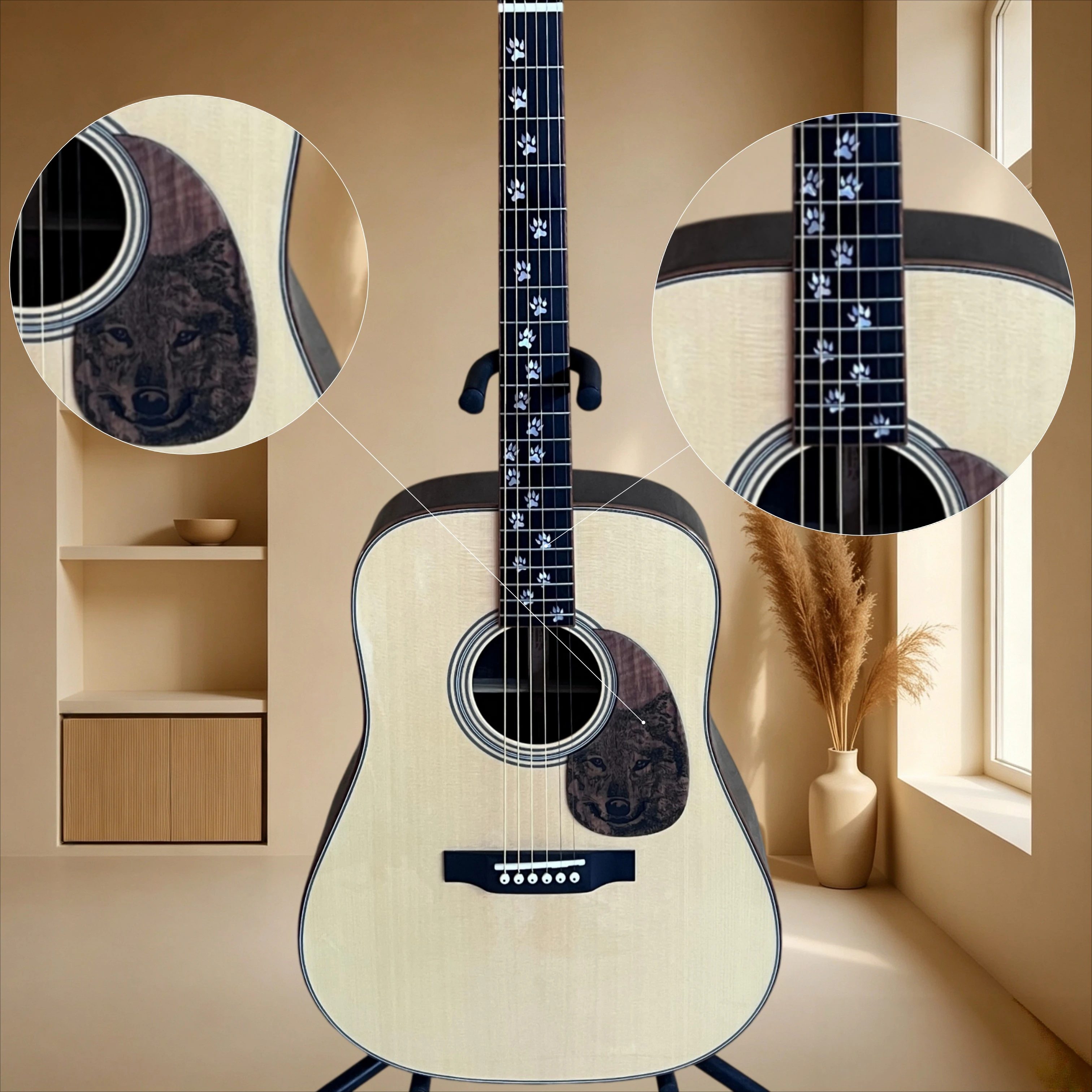 Dreadnought Natural Acoustic Guitar D14S Spruce Top Wolf Paw Inlay Wolf Head Pickguard Singing Fingerstyle Free Shipping