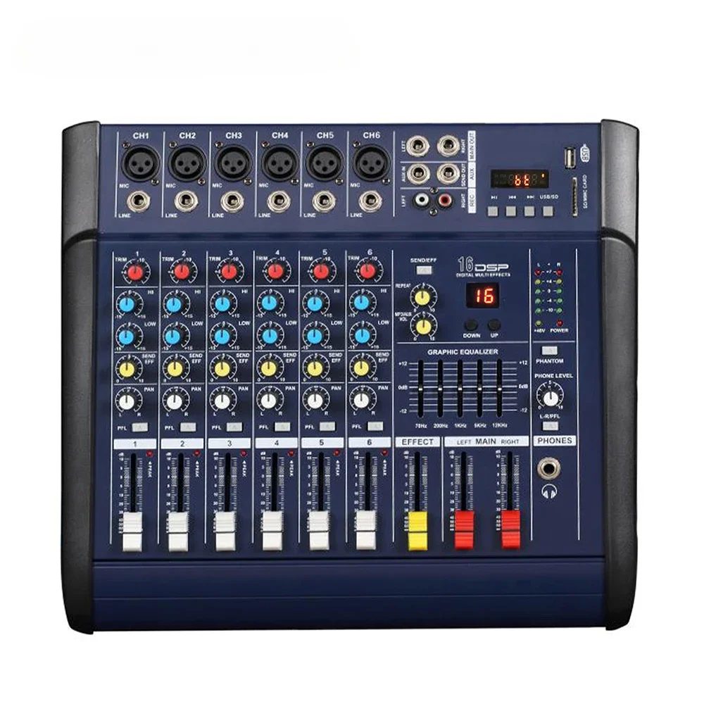 Professional Audio DJ Mixer Sound System M602D 6-Channel Amplifier USB 48V Phantom Power Digital Mixer Console Metal