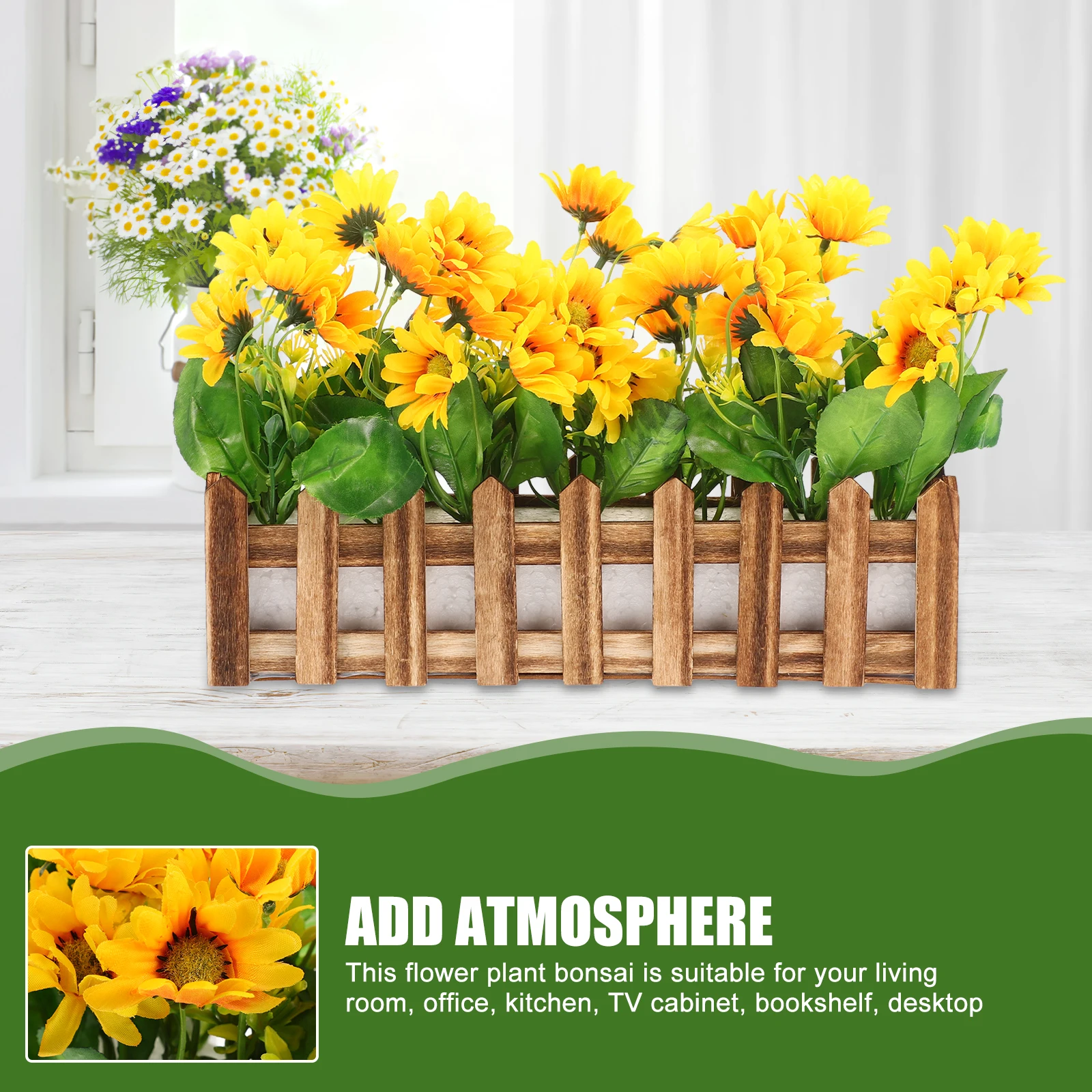 

Artificial Sunflower Bonsai Potted Plant With Fence For Living Room Office Desktop Corner Layout Fake Greenery Indoor Decor