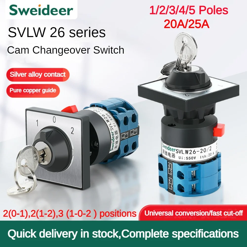 Electric 2/3 Position Rotary Cam Changeover Switch with Key LW26-20 LW26-25 Silver Contact 20A 25A 1/2/3/4/5poles Cam Switch