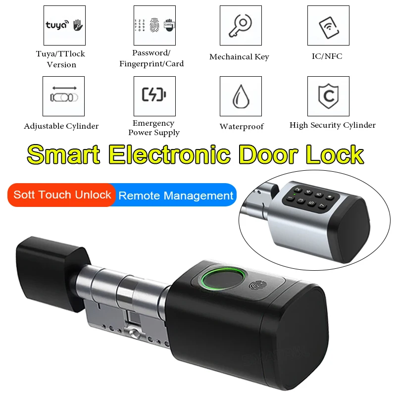 Adjustable TT Lock/ Tuya Bluetooth Smart Fingerprint Digital Cylinder Lock with Smart Life/Password/RFID Card/Key unlock