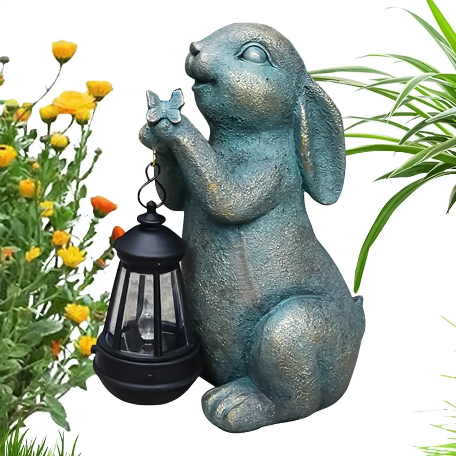 Easter Bunny Statue With Solar Light Sculpture Ornament Resin Garden Rabbits Statue Vintage Imitation Bronze Spring Easter Decor