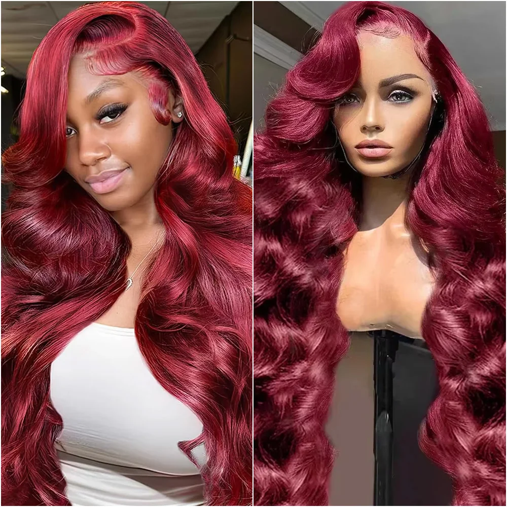 Perruque Lace Front Wig brésilienne naturelle, cheveux Body Wave, bordeaux, 13x4, 30 36 pouces, 13x6 HD, dentelle transparente, couleur 99J