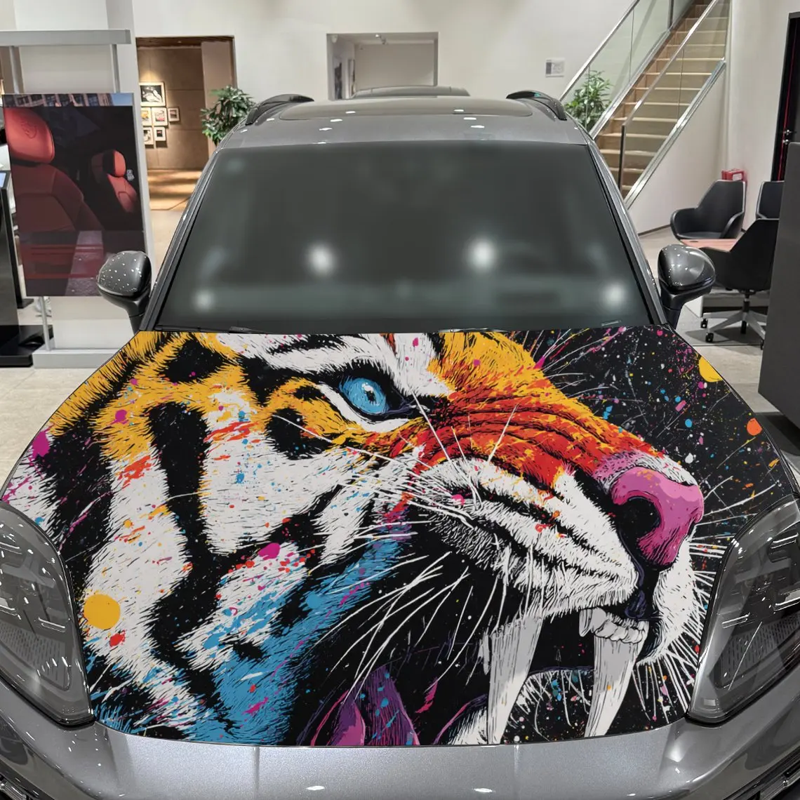 Envoltórios coloridos do capô do carro do pvc da cena urbana da dominância do tigre, adesivo impermeável autoadesivo da decalque do capô do carro, proteção da decoração do carro