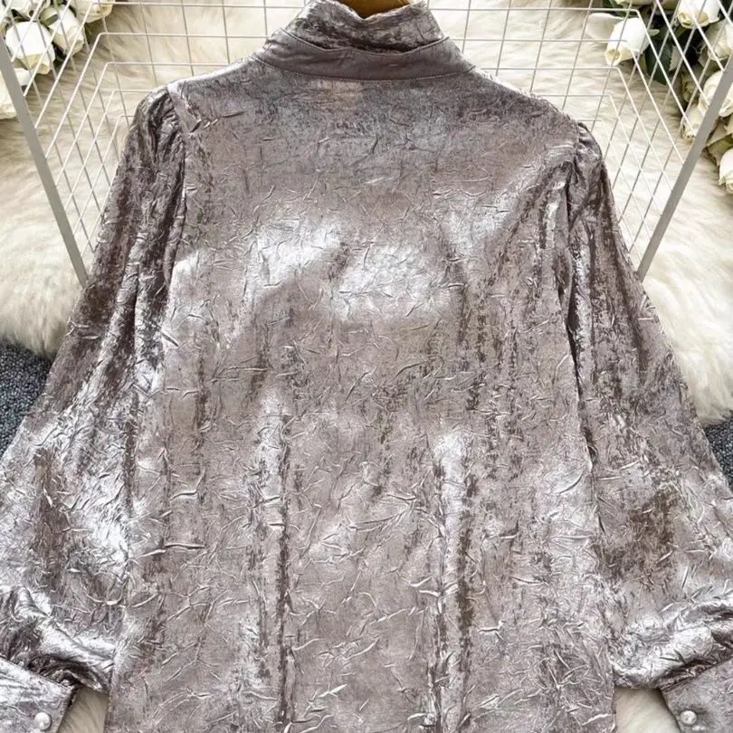 Mingyuan Qianjin stile metallizzato colletto alla coreana manica a lanterna autunno texture modello design leggero temperamento di lusso top alla moda