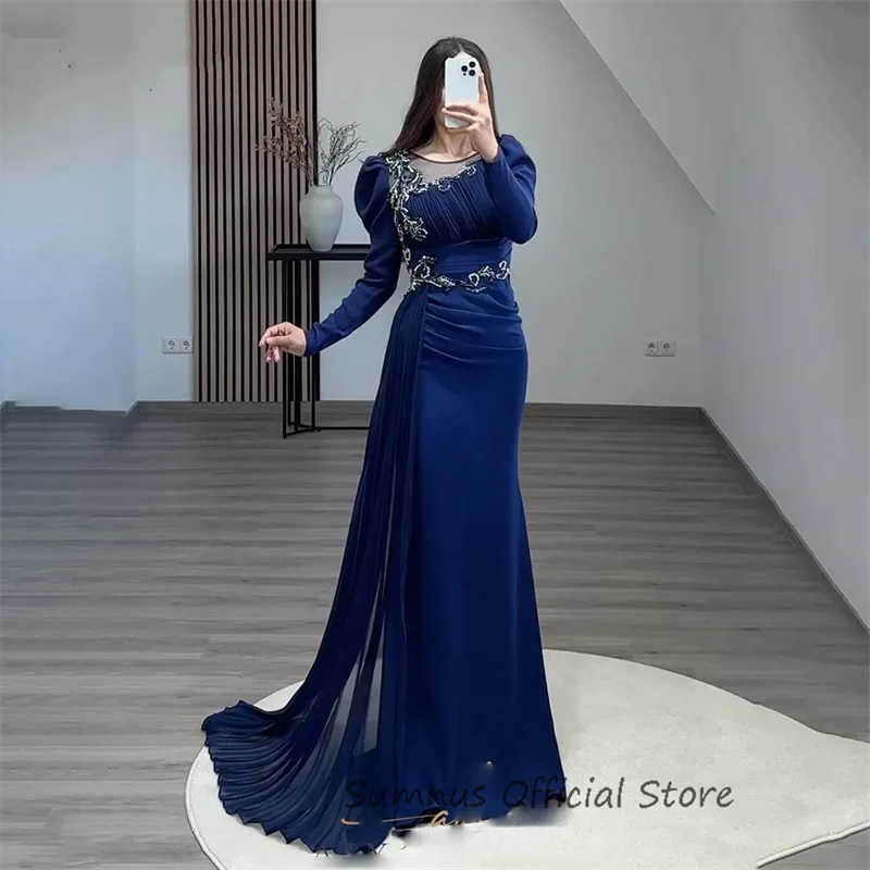 SUMNUS Elegant Blue Beading Mermaid Evening Dresses Chiffon O Neck Pleats Decal Dubai Party Gowns Arabic Prom Dress Customized